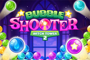Kolorowe bańki z logo gry Bubble Shooter Witch Tower 2 na tle okna z witrażem