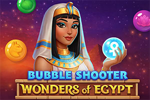 Ilustracja przedstawiająca egipską królową w złoto‑niebieskiej koronie oraz unoszące się kolorowe bańki na fioletowym tle z napisem „Bubble Shooter: Wonders of Egypt