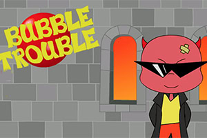 Postać z rogami i okularami przeciwsłonecznymi stoi przed ceglaną ścianą z łukowatym oknem, obok dużego czerwonego napisu na żółtym tle