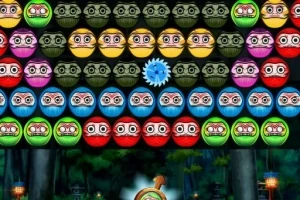 Kolorowe, okrągłe twarze z różnorodnymi wyrazami układające się w rzędach na ciemnym tle z centralnym niebieskim elementem