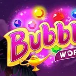 Kolorowy napis Bubble World otoczony świecącymi klejnotami i lampą Aladyna na tle nocnego nieba
