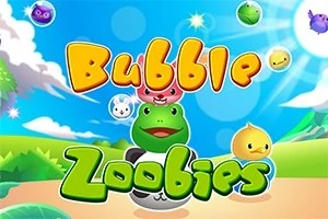 Kolorowa grafika z napisem Bubble Zoobies oraz uśmiechniętymi postaciami zwierzaków na tle nieba i zielonego krajobrazu