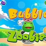 Kolorowa grafika z napisem Bubble Zoobies oraz uśmiechniętymi postaciami zwierzaków na tle nieba i zielonego krajobrazu