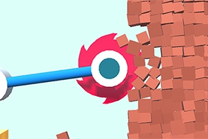 Czerwona piła tarczowa przymocowana do niebieskiego ramienia przecina brązową ścianę złożoną z kostek