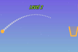 Kula poruszająca się po łukowatej trajektorii w stronę pomarańczowego kosza na tle nieba z napisem Level 2