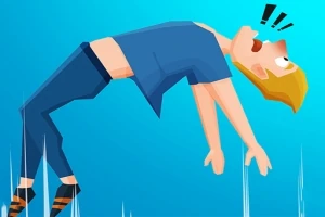 Animowana postać z blond włosami w niebieskim stroju, leci do tyłu w zaskoczeniu na niebieskim tle