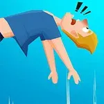 Animowana postać z blond włosami w niebieskim stroju, leci do tyłu w zaskoczeniu na niebieskim tle