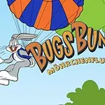 Królik widać na tle z niebiesko-pomarańczowym spadochronem, obok dużego napisu Bugs Bunny Möhrchenflug