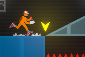 Postać w czapce z daszkiem biegnąca z ołówkiem w ręce na tle kolorowego, geometrycznego krajobrazu z żółtą strzałką i czerwonymi kolcami