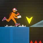 Postać w czapce z daszkiem biegnąca z ołówkiem w ręce na tle kolorowego, geometrycznego krajobrazu z żółtą strzałką i czerwonymi kolcami