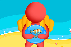 Czerwona postać z plecakiem trzyma niebieską miskę z połówkami hot dogów na plażowym tle