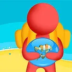 Czerwona postać z plecakiem trzyma niebieską miskę z połówkami hot dogów na plażowym tle