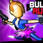 Postać z kreskówkową grafiką trzymająca dwa pistolety, na fioletowym tle z jasnymi promieniami