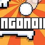 Napis Bungonoid w stylu pixel art na pomarańczowym tle z białą piłką i platformą poniżej