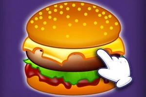 Hamburger animowany z warstwami sera, sałaty i pomidora oraz rysunkową ręką wskazującą na kanapkę, na fioletowym tle