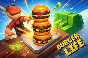 Kreskówkowy mężczyzna w czapce sięga po tacę z trzema dużymi burgerami, obok stosy zielonych banknotów i napis „BURGER LIFE na dynamicznym niebieskim tle