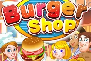 Kolorowy napis Burger Shop na tle z postaciami w stylu kreskówki, przedstawiający m