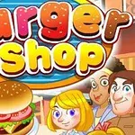 Kolorowy napis Burger Shop na tle z postaciami w stylu kreskówki, przedstawiający m