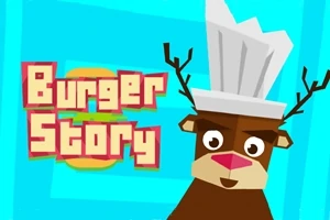 Sarna w czapce kucharskiej na niebieskim tle z tytułem Burger Story obok