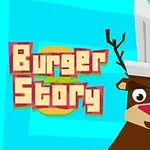 Sarna w czapce kucharskiej na niebieskim tle z tytułem Burger Story obok