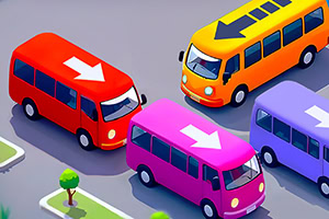 Kolorowe autobusy z dużymi strzałkami na dachach jeżdżą po wielopasmowej drodze