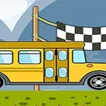 Żółty autobus na zielonym tle przejeżdża linię mety z czarno-białą flagą w tle