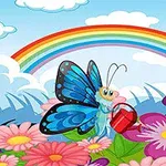 Kolorowy motyl z niebieskimi skrzydłami podlewa kwiaty na łące z tęczą w tle