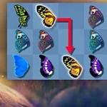 Motylki w różnorodnych kolorach ułożone w siatce, z czerwoną strzałką wskazującą przesunięcie i ręką obok