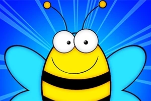 Kolorowa, uśmiechnięta pszczoła z dużymi oczami i niebieskimi skrzydłami na błękitnym tle