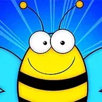 Kolorowa, uśmiechnięta pszczoła z dużymi oczami i niebieskimi skrzydłami na błękitnym tle