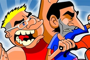 Dwóch kreskówkowych mężczyzn, jeden z blond włosami i okularami, drugi z ciemnymi włosami i brodą, wyglądają na zdenerwowanych, trzymając się za ręce