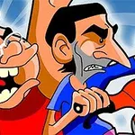 Dwóch kreskówkowych mężczyzn, jeden z blond włosami i okularami, drugi z ciemnymi włosami i brodą, wyglądają na zdenerwowanych, trzymając się za ręce