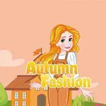Rysunek przedstawia uśmiechniętą postać kobiecą z rudymi włosami w jesiennym stroju, na tle domu i drzew, z napisem Autumn Fashion