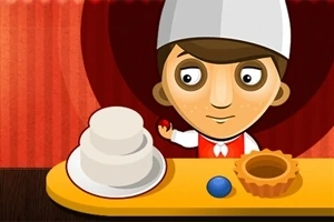 Karykaturalny kucharz w wysokiej czapce stojący przy stole z ciastem i owocami na talerzu