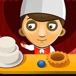 Karykaturalny kucharz w wysokiej czapce stojący przy stole z ciastem i owocami na talerzu