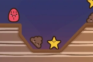 Kolorowe postacie w kształcie gwiazdek i bryłek na tle z motywem platformy i granatowego nieba