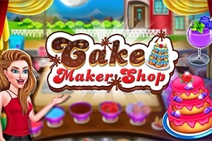 Kobieta w czerwonej sukience obok dużego ciasta na tle krajobrazu z napisem Cake Maker Shop