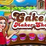 Kobieta w czerwonej sukience obok dużego ciasta na tle krajobrazu z napisem Cake Maker Shop