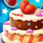 Tort ozdobiony truskawkami, różowym kremem i kolorowymi dekoracjami na niebieskim tle z białymi gwiazdkami