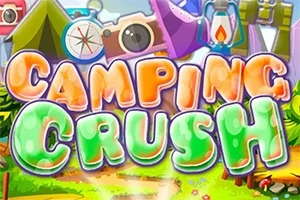 Kolorowy napis Camping Crush z ilustracjami namiotów, latarni i aparatu w tle