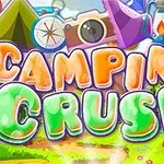 Kolorowy napis Camping Crush z ilustracjami namiotów, latarni i aparatu w tle