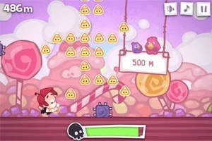 Dziewczynka w czerwonym kapturku na tle cukierkowego krajobrazu z żółtymi emoji twarzami w powietrzu i tablicą z napisem 500 M oraz dwoma ptakami