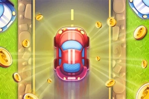 Czerwony samochód pędzi po drodze zbierając złote monety, otoczony trawiastym krajobrazem i kamieniami