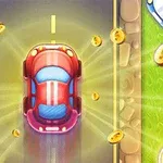 Czerwony samochód pędzi po drodze zbierając złote monety, otoczony trawiastym krajobrazem i kamieniami