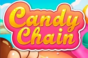 Kolorowy napis „Candy Chain” na tle ilustracji z cukierkami i fantazyjnym krajobrazem