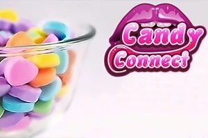 Kolorowe cukierki w szklanej misce obok napisu Candy Connect z grafiką ust