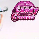 Kolorowe cukierki w szklanej misce obok napisu Candy Connect z grafiką ust