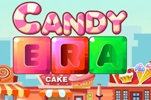 Kolorowy napis „Candy Era” z literami w kształcie cukierków na tle sklepu z deserami