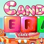 Kolorowy napis „Candy Era” z literami w kształcie cukierków na tle sklepu z deserami