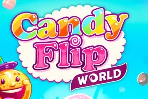 Kolorowy napis Candy Flip World na niebieskim tle z ozdobami cukierkowymi i uśmiechniętą buźką